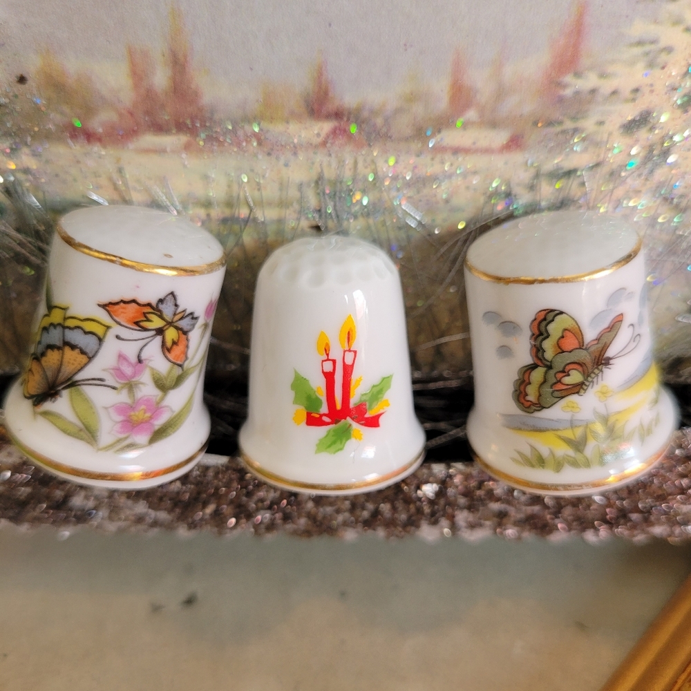 Thimbles (3) ~ Butterflies & Christmas Candles ~ 1970s (?) ~ VGUC